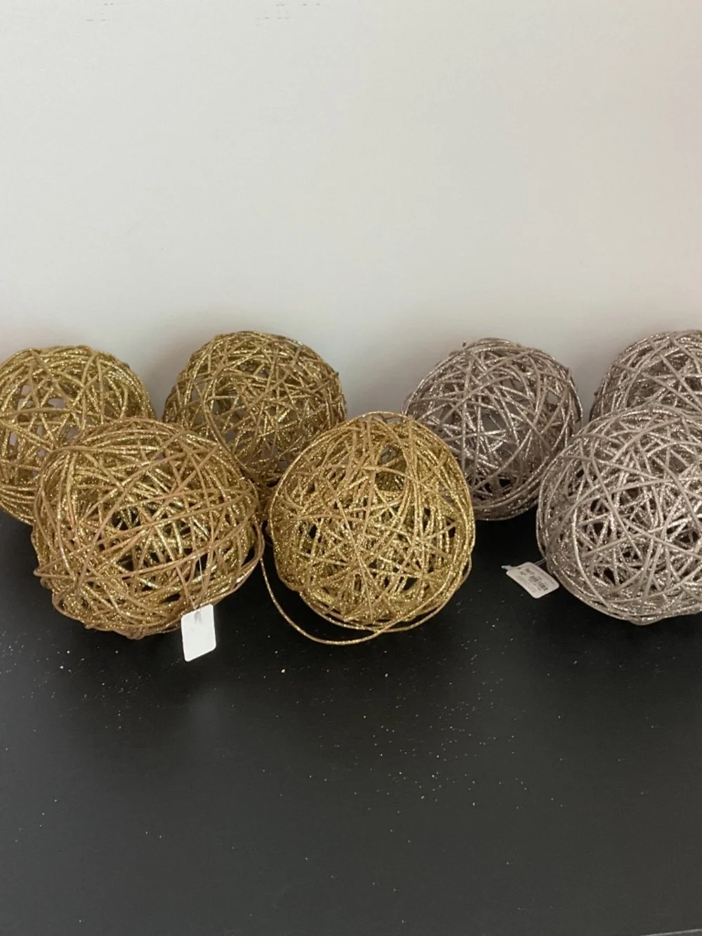 Pier 1 set of 7 Gold & Silver Glitter Round Wood Orbs Balls Holiday Decor